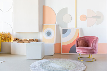 modern open-plan room interior in futuristic style in pastel colors with graphic wall decoration....