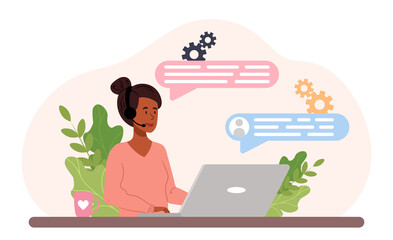 Technical support concept. The call center operator sits at his workplace with headphones on and answers users questions. A woman at a laptop. Cartoon flat vector illustration on a white background