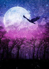 Obraz na płótnie Canvas Silhouette a flying eagle on a background big bright moon and dark mysterious forest, magic landscape with tall, dry trees and clouds, fairytale nature with night starry sky and the boundless space.