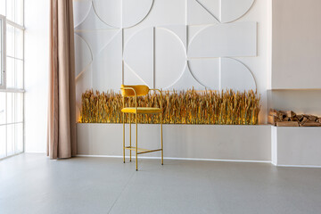 modern open-plan room interior in futuristic style in pastel colors with graphic wall decoration....