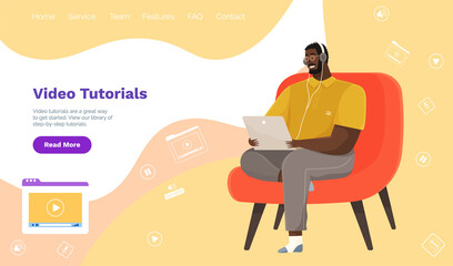 Man sits in chair with laptop and headphones. Remote work, freelance, online training concept. Checking email, watching video, searching for information on Internet. Male character sits with computer