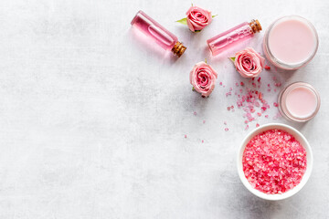 Pink rose aroma oil and sea salt with spa treatment cosmetic for skin care