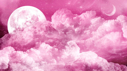 Magic pink sky with white fluffy clouds, a mysterious aerial landscape with little crescent moon, gentle space with large moon and stars, fairytale romantic background with heavenly place.