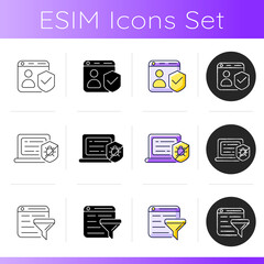 Online surveillance and censorship icons set. Securing accounts. Antivirus software. Filter bubble. Anti-malware. Algorithmic bias. Linear, black and RGB color styles. Isolated vector illustrations