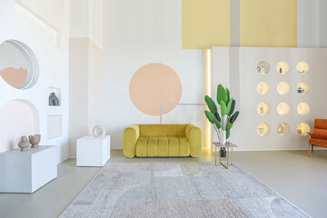 modern open-plan room interior in futuristic style in pastel colors with graphic wall decoration....