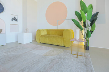 modern open-plan room interior in futuristic style in pastel colors with graphic wall decoration....