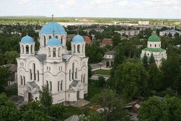 Fototapeta na wymiar Top view to St. Anasatasia Church from Water tower. Hlukhiv, Ukraine. May 2009