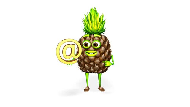 3d Characner Pineapple Shows Email Loop on White Background