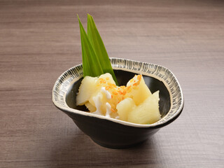 cold Tapioca with fresh coconut milk cream sauce dessert in bowl on wood table asian halal menu