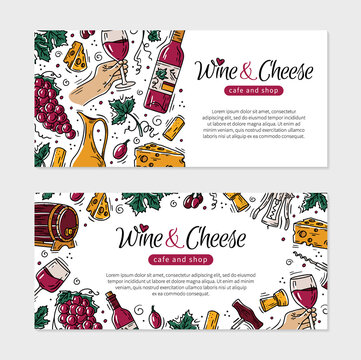 Wine and cheese is a flyer for a restaurant or cafe. Vector template with bottles and grapes in Doodle sketch style.