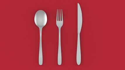 3d rendering of metal cutlery on a red background. Knife, spoon and fork. Modern design. Backgrounds for the interior of the kitchen