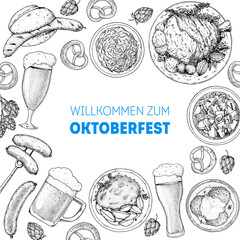Oktoberfest menu design template. German food sketch. Hand drawn vector illustration. German cuisine. Black and white. Engraved style. Hand drawn food, sketch illustration