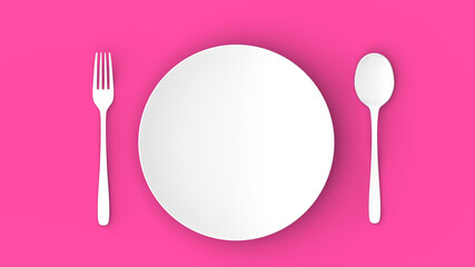 Top view of plate, spoon and fork on pink background. The image is in the style of minimalism. 3D rendering of a set of cookware