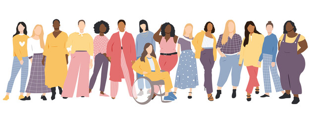 Fototapeta premium Women of different ethnicities stand side by side together. Flat vector illustration.