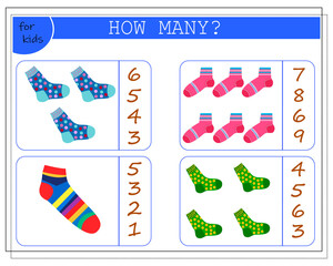 math game for kids. count how many of them there are. multi-colored socks with a different pattern. vector