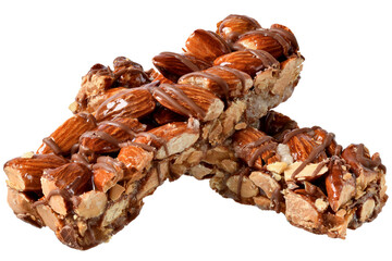 Chocolate bar with caramel, almonds and puffed rice isolated
