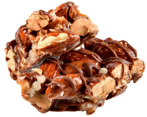 Chocolate bar with caramel, almonds and puffed rice isolated