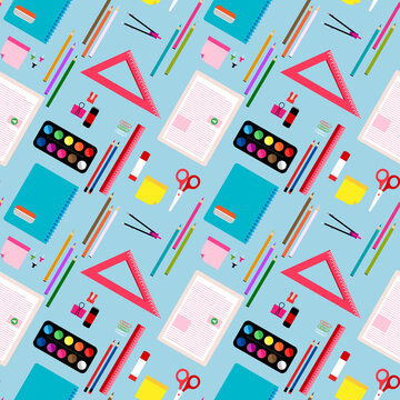 School pattern. Education texture background. Back to school  seamless pattern. School supplies, objects, compasses, colored crayons, erasers, scissors, paper clips, sharpeners, ruler, glue, notebook