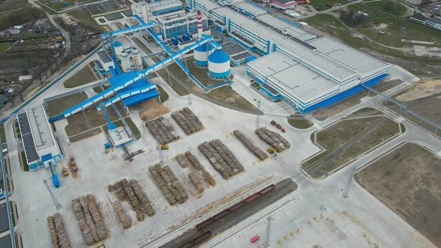 Harvested timber site in a modern factory, aerial view