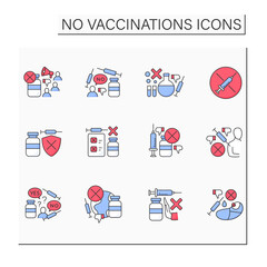 No vaccination color icons set. Vaccination refused. People avoid group inoculation. Fight against covid19 concept. Isolated vector illustrations