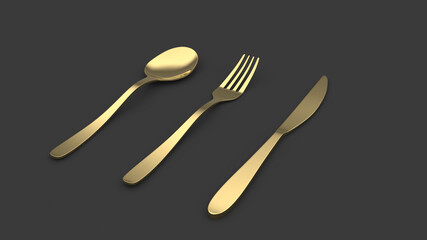 3d rendering of golden cutlery on a black background. Knife, spoon and fork. Modern design. Backgrounds for the interior of the kitchen