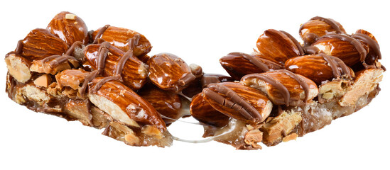 Chocolate bar with caramel, almonds and puffed rice isolated