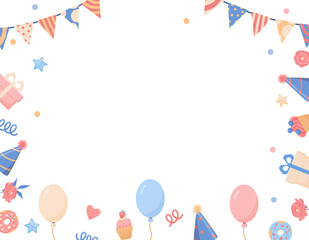 Background with balloons, garlands, cakes and a copy space in the center. Flat vector illustration, template, frame.