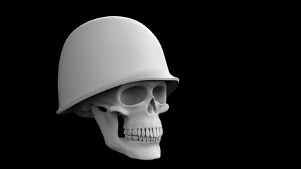 3d render skull military american helmet on a black background. Soldier skull image