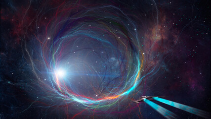 Space background. Spaceship flying to colorful fractal tunnel with nebula stars. Elements furnished by NASA. 3D rendering