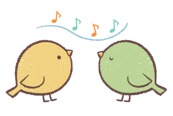 歌を歌う黄色の小鳥と緑色の小鳥