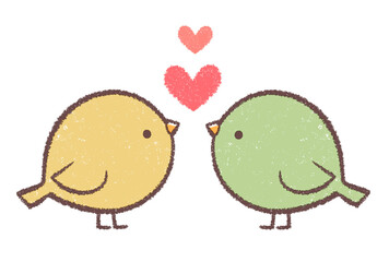 黄色の小鳥と緑色の小鳥とハート