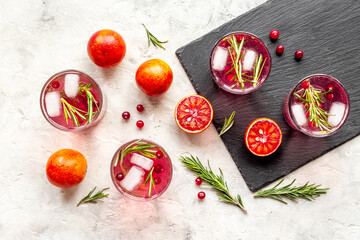 Sangria drink with blood orange grapefruit and rosemary. Top view