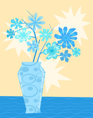 Abstract blue flower bouquet in vase. Beautiful geometric blooming flower branch in stone vase. Home interior decorative design poster. Colorful flat botanical petal flora vector illustration.