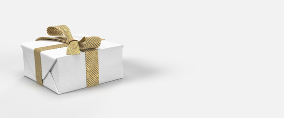 White christmas present with gold texture bow on the white background in perspective view, festive decoration, for marketing promotion, copy space, for sale purposes