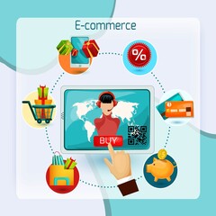 E-commerce concept with tablet computer and online shopping decorative icons set vector illustration