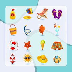 Summer holidays decorative icon set with ice cream shorts lifebelt sea star isolated vector illustration
