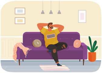 Man lying on sofa in apartment. Happy young guy relaxing, dreaming. Rest on couch and think about something. Home leisure. Male character lies on divan and smiles, enjoying time at home after work