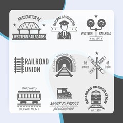 Railway corporation railroad department fast train express black label set isolated vector illustration