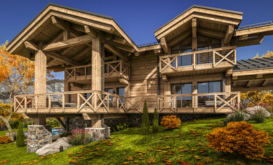 3d rendering of modern cozy chalet with pool and parking for sale or rent. Beautiful forest mountains on background. Massive timber beams columns. Clear sunny autumn day with golden leaves anywhere.