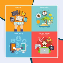 Freelance design concept with free schedule workflow most popular freelancers orders search flat icons isolated vector illustration