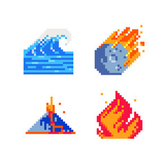 Cataclysm icons set. Pixel art style. Cloud lightning, waves, smoke,  flame meteorite, tornado storm and eruption. Weather sign, isolated vector illustration. Design for web site, app, sticker