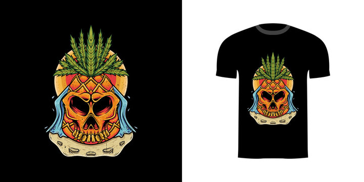 retro illustration pinaple skull for tshirt design, badge design character