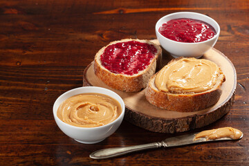 smooth peanut butter and jam bread toast, american traditional sandwich