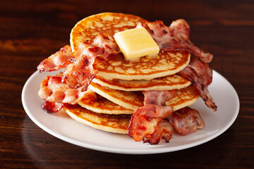 sweet bacon pancakes with butter. traditional american breakfast
