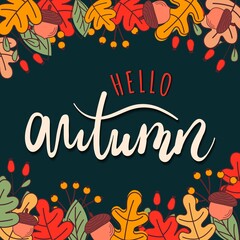 Fototapeta premium Autumn background with fall orange, red, green leaves, berries and acorns. Web banner template. Vectot illustration