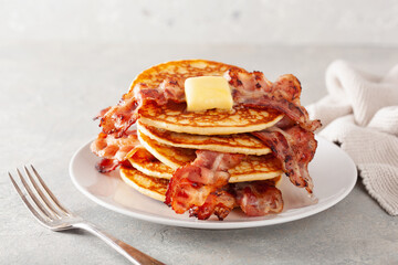 sweet bacon pancakes with butter. traditional american breakfast