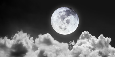 Naklejka na ściany i meble Night scene image of bright and beutiful full moon on dark sky with blurry bright cloudscape for nature and travel transportation background.