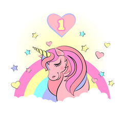 A lovely greeting card with a pink unicorn for a child's first birthday party