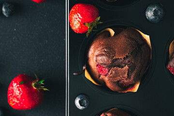 Muffin. Chocolate muffins with stawberry. Muffins on wooden stand. © Exploder