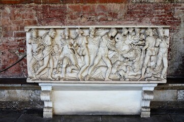 Tomb sculptures in the Monumental Cemetery at the Leaning Tower of Pisa
